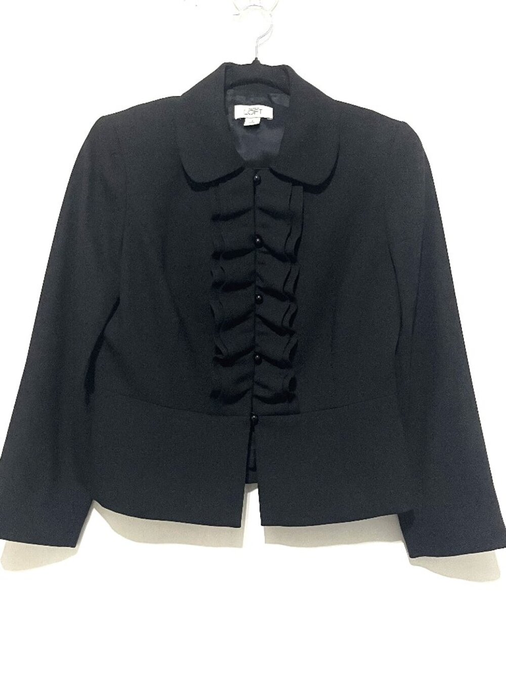 Loft Womens Wool Ruffle Blazer 4 Dark Academia Corporate Goth Twee 3/4 Sleeve